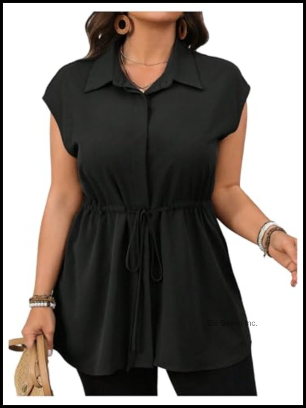 Plus Size Collared Button Down Peplum Blouse Cap Sleeve